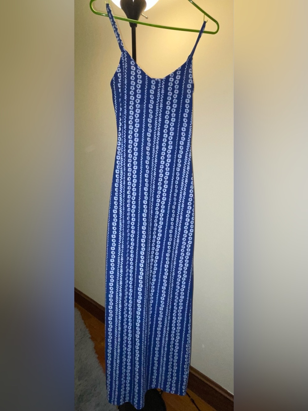 No Boundaries Blue Maxi Dress with White Floral Stripes and adjustable straps